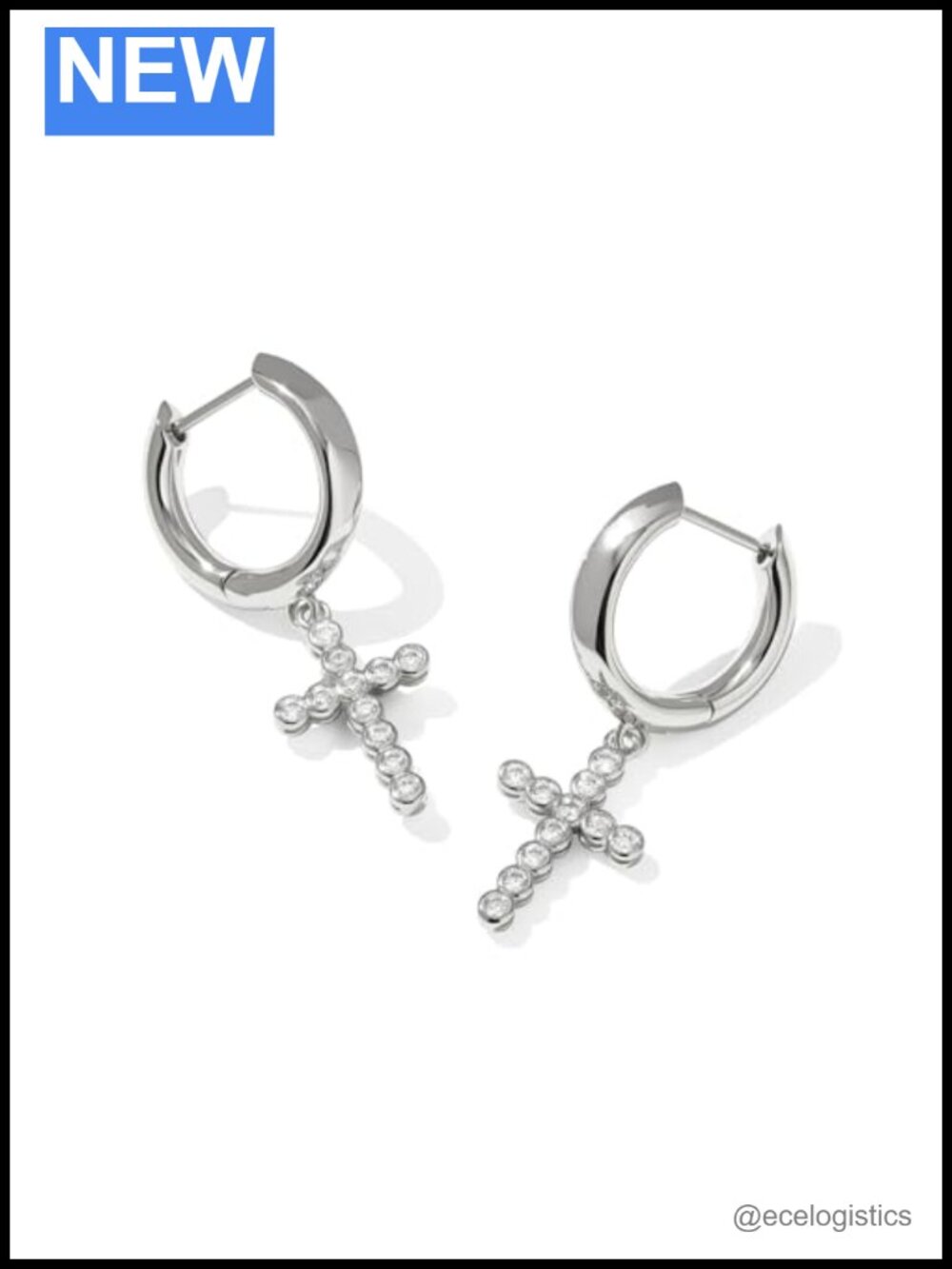 Cross Crystal Huggie Earrings Silver Brass Cubic Zirconia Hoop